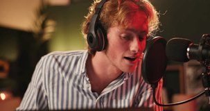 Microphone, headphones and man on podcast, recording and media broadcast with web radio host. Live streaming, influencer and content creator with mic, internet presenter or discussing at home - Powered by Shutterstock - Get 15% off with code: PIKWIZARD15