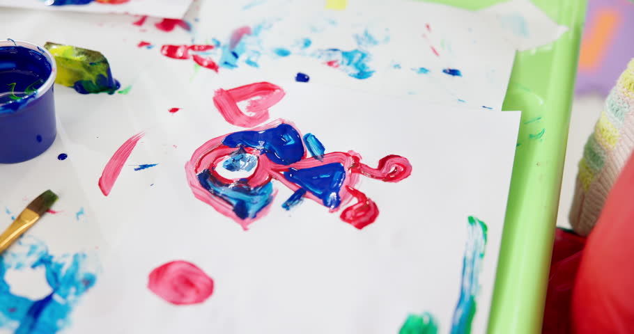Paper, painting picture and art in class for creative lesson, drawing design or kindergarten learning. Artist, child or canvas craft with fun activity, project creativity or motor growth of education