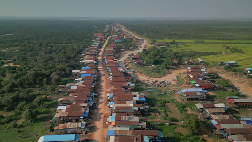 Floating village Kampong Phluk on Tonle Sap lake, aerial drone view, Cambodia. Exotic Kampong Phluk floating village during dry season with stilt houses -Tonle Sap lake, Siem Reap Province, Cambodia