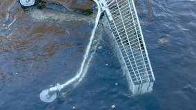 Abandoned shopping cart submerged in a river, partially visible through the rippling water. A reflection of urban neglect and environmental pollution. - Powered by Shutterstock - Get 15% off with code: PIKWIZARD15