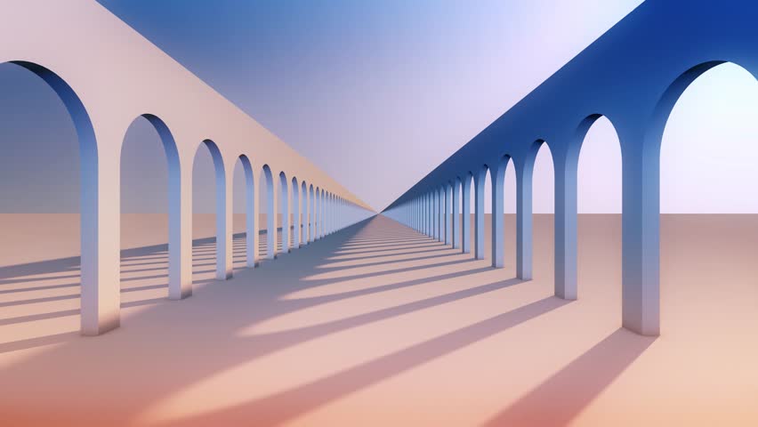 Endless Archway Passage, 3D Render Animation Featuring Smooth Forward Camera Motion Through a Minimalist Infinite Structure with Soft Lighting, Shadows and a Clear Calm Atmosphere, 4K background Loop 