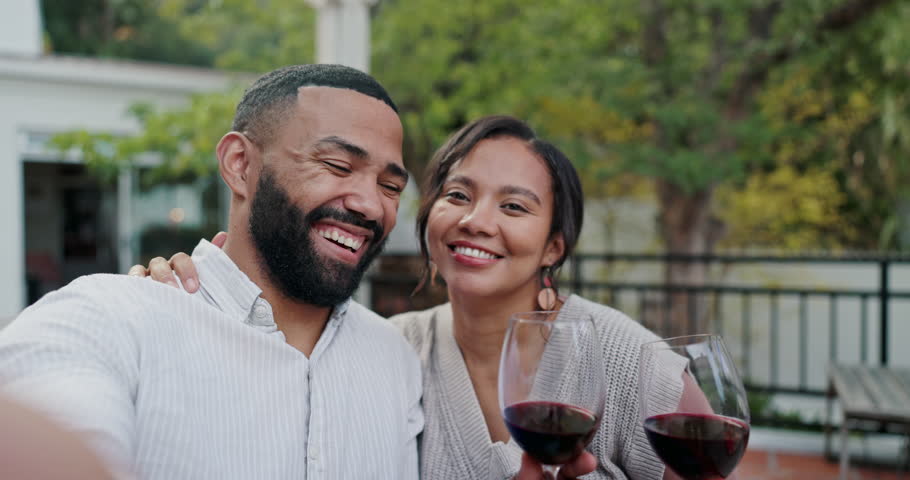 Happy couple, wine glass and selfie with date at outdoor cafe for anniversary, memory or love together. Portrait pov, man and woman with smile for photography, moment or alcohol tasting at restaurant