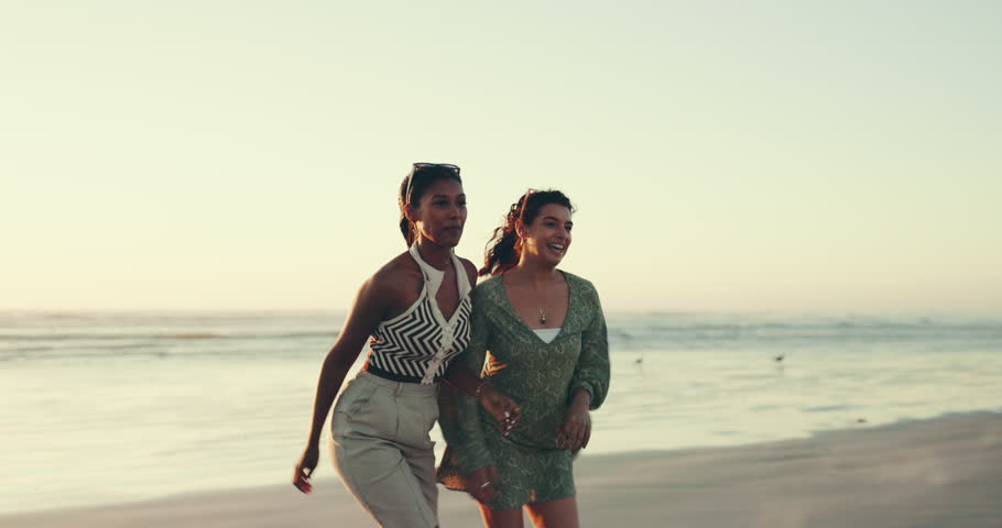 Holiday, friends and women with running by beach for travel adventure, freedom and vacation celebration. Happy, people and fun weekend by sea for tropical getaway, bonding or trip support with energy