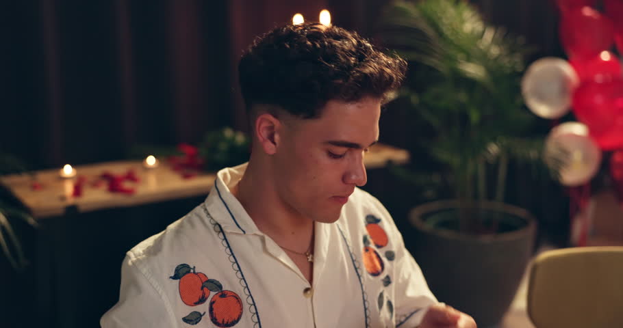 Dating, breath and waiting with man in restaurant at night for anniversary or valentines day celebration. Romance, time and watch with customer at table in fine dining establishment for dinner