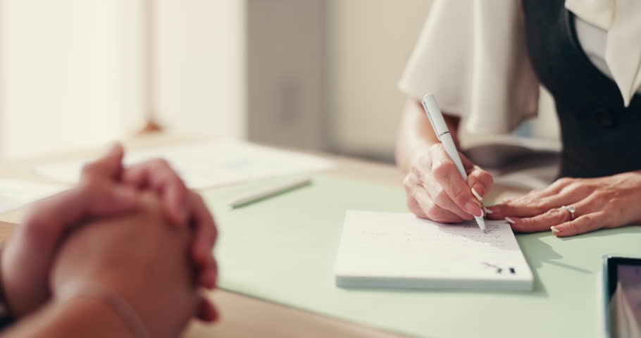 Doctor, hands and writing with prescription for medical diagnosis, instructions or information at hospital. Closeup, healthcare worker and patient with sick note, clinic form or document for symptoms