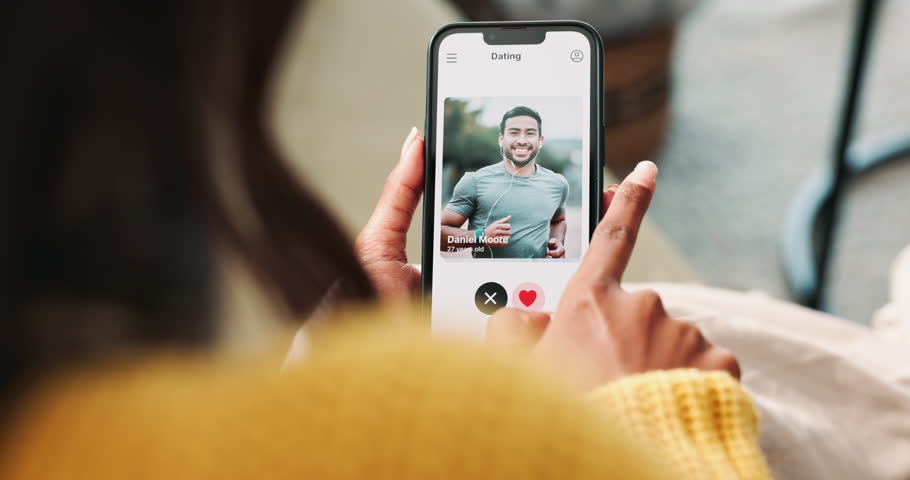 Dating app, phone and swipe with person hand at home with online website, mobile and scroll. Digital, relax and love search with technology for date, romance and lounge with potential match on screen