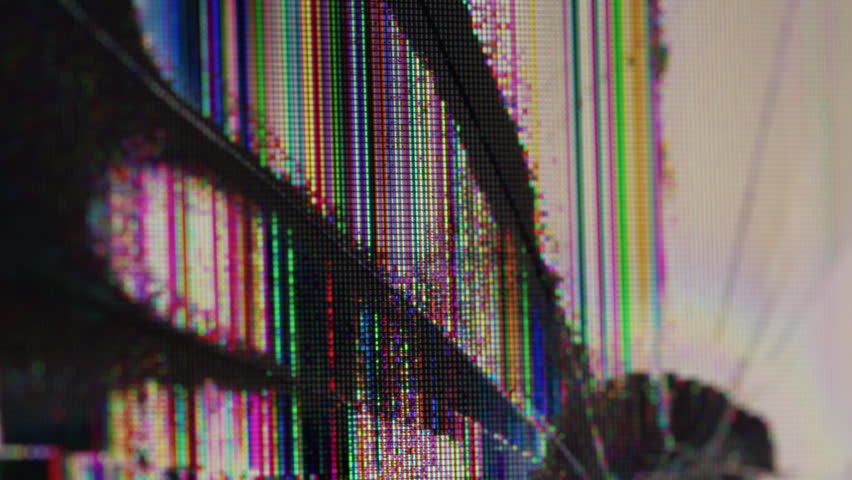 Screen damage. Problem LCD. Wavy crack shimmering television monitor surface. Digital color defocused glitch noise problem on crash grainy glass texture.