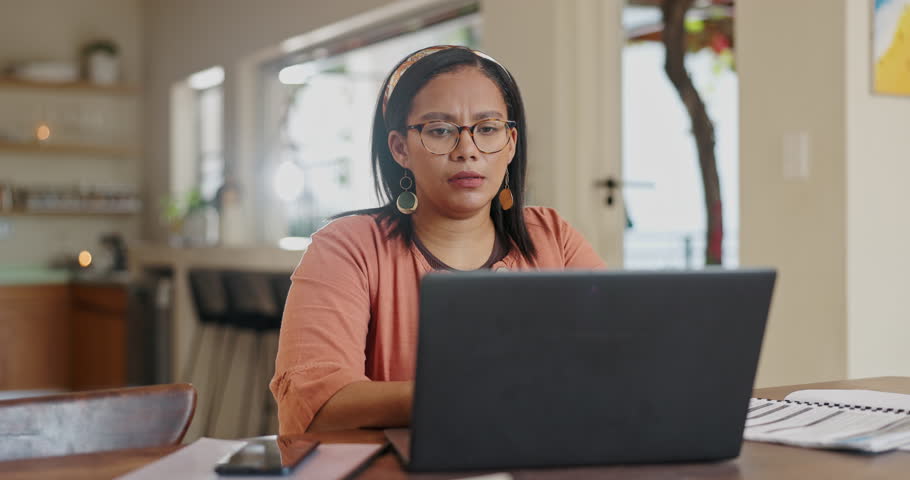 Documents, stress and woman with laptop in a house for budget, savings or review, mistake or audit. Pc, paper or overwhelmed person frustrated by tax, payment or loan, fail and rent deposit deadline