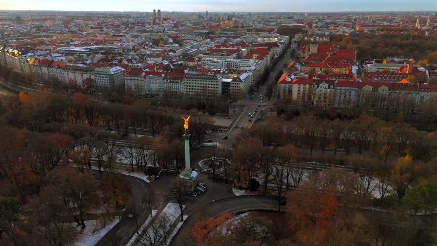 Angel of Peace Friedensengel viewpoint and peace monument in Munich, Germany aerial view in winter. Monument with its terrace in Maximiliansanlagen is popular vantage point. Europaplatz. 