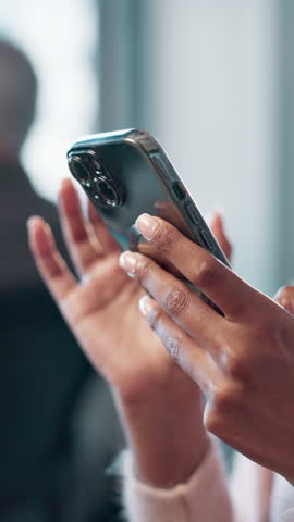 Business, hands and woman with smartphone, typing and internet with communication. Person, employee or agent with cellphone, mobile user or digital app for social media, texting or message to contact