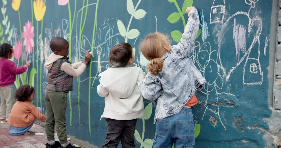 Art, city and creative with children and wall for friends, painting or community project. Flowers, learning and kindergarten education with group of kids and chalk for volunteer outreach program