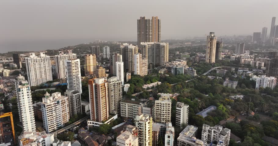 Arial view of Mumbai Skyline, high-rise buildings in Mumbai, Maharashtra India. Cinematic shot of Indian cityscape. Most Posh Areas of Worli-Lower Parel in Mumbai.