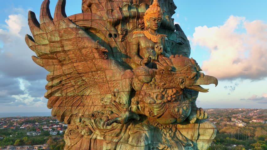 Drone video.Statue of Hindu god Garuda Vishnu Kenkhana. in Garuda Vesnu Kenjana Cultural Park, Bali, Indonesia.