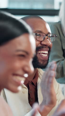 Smile, business man and applause at conference for success, goal achievement and excellence. Support, clapping hands and celebration in office for well done, praise and talking to team at seminar