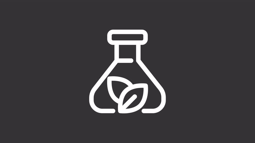 Nature research ui icon white line animation. Shaking glass beaker, leafs. Eco friendly chemicals. Laboratory tube animated user interface element on dark background. Transparent HD video