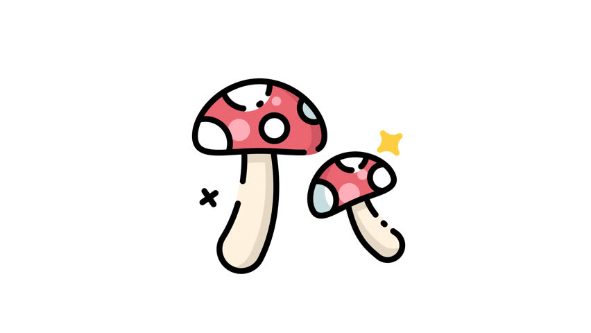 animation icon of Two cartoon mushrooms perfect for children book illustrations, nature themed designs, or whimsical branding projects. Bright and playful