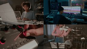 Split screen of sound producer using mixing console when recording African American siblings playing digital keyboard and violin in professional studio - Powered by Shutterstock - Get 15% off with code: PIKWIZARD15