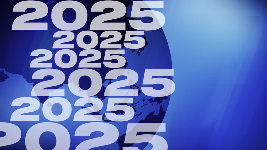 Calendar dynamic presentation of 2025 world globe with bold typography celebrating futuristic annual concept