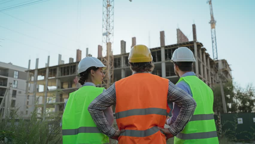 Engineers in helmets and vests standing with backs turned, observing construction progress. Cranes and building framework in background of outdoor worksite. Caucasian men and woman. Back view. Rear.