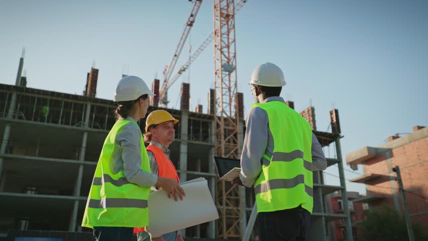 Mixed-races males and female engineers in helmets and vests reviewing blueprints and tablet at construction site. Cranes and building framework in background of outdoor team discussion. Men and woman.