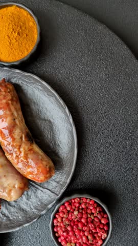 Grilled pork or beef sausages. German sausages with salt, spices and herbs