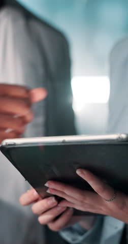 Business people, hands and discussion with tablet for UI improvement, software update or UX design at office. Closeup, employees or colleagues with technology for new app or research and development