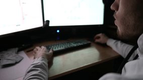 Male trader analyzing commodities and foreign exchange charts at evening. Young financial analyst working on a computer with multiple monitors at night. Concept of bitcoin BTC and stock market - Powered by Shutterstock - Get 15% off with code: PIKWIZARD15