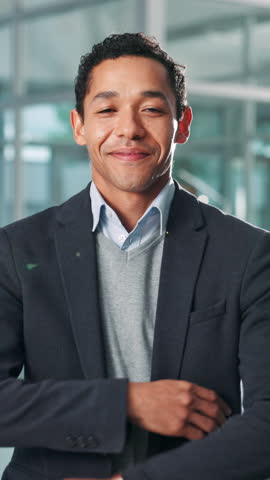 Face, employee and man with arms crossed, office and sales manager with job promotion, smile and confident. Business, ambitious and person with opportunity in company, happiness and proud in USA