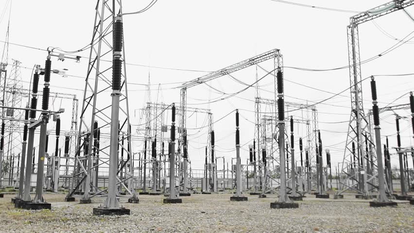 Power transmission substation with equipment and overhead power lines
