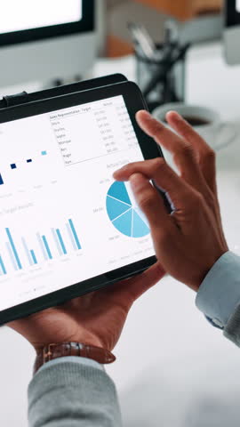 Tablet screen, hands and businessperson in office with statistics for finance dividend or profit. Digital technology, scrolling and financial report with charts, graphs or information online.