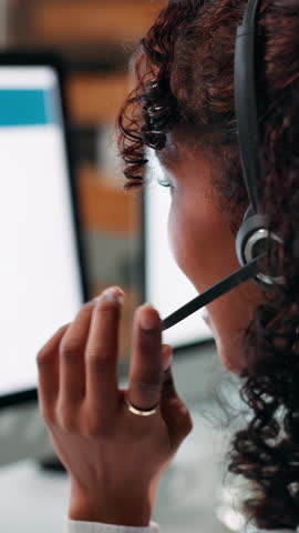 Call center, woman and computer screen in office with help desk, communication and online consultant. Contact us, headset and technical service crm, discussion or sales agent coworking for hotline