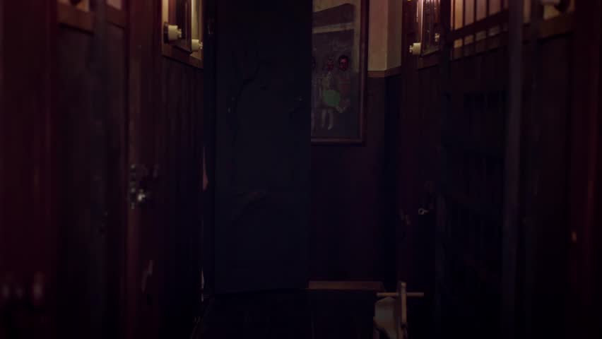 Ghost woman with long hair, wearing white nightgown, hesitantly comes out into hall, stomps along wall, chases the victim, scares her from afar, disappears. Cinematic shot of old hotel with monsters