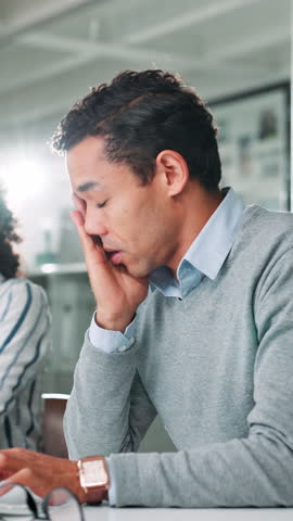 Business, man and tired with typing in office for article deadline, story development or editor feedback. Journalist, employee and exhausted with workload for blog publication, burnout and brain fog