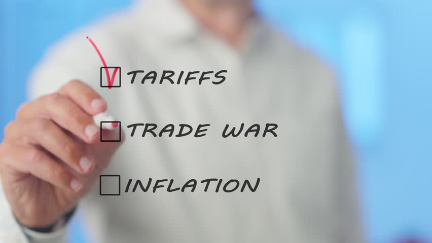 Businessman marking critical trade war factors, tariffs, and inflation on transparent screen, analyzing global market challenges and strategic decision making