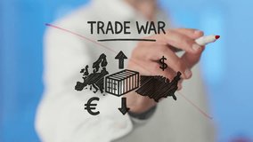 Professional businessman sketching trade war dynamics between usa and europe on transparent surface, symbolizing potential economic tensions resolution against white background - Powered by Shutterstock - Get 15% off with code: PIKWIZARD15