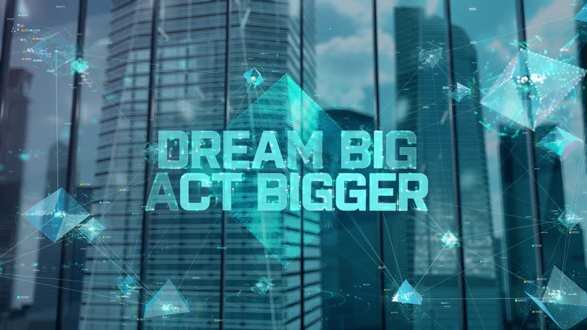 Dream Big, Act Bigger. Businessman Working in Office among Skyscrapers. Hologram Concept