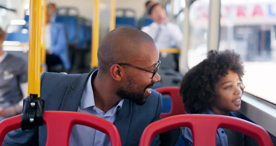 Bus, travel and dad with child by window for morning commute, journey and trip to school and work. Public transport, passenger service and father with boy in uniform on vehicle, traffic and city