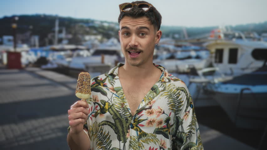 Young man enjoying ice cream at a seaside port with boats in the background, embodying a casual tourist vibe in a tropical shirt outdoors.