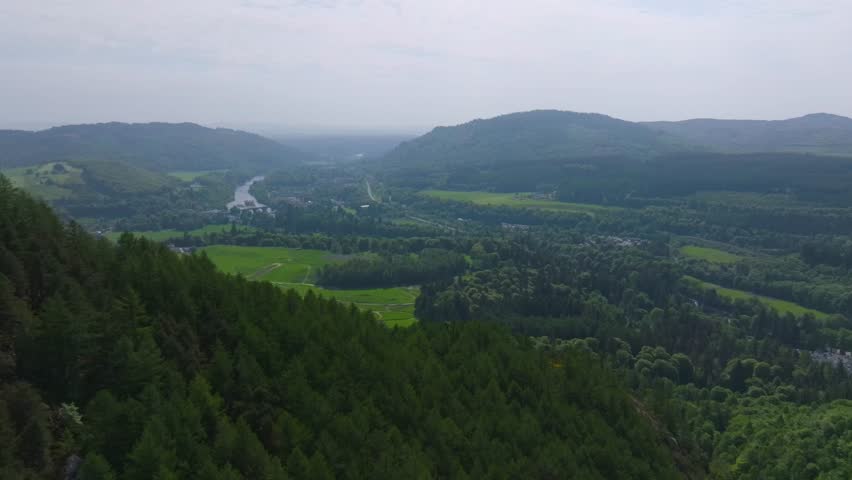 Dunkeld on River Tay in Scotland, aerial view over picturesque town