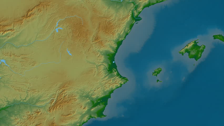 Comunidad Valenciana region, Spain, extruded. Physical map