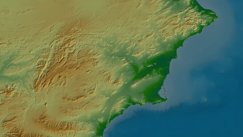 Region de Murcia region, Spain, extruded. Physical map
