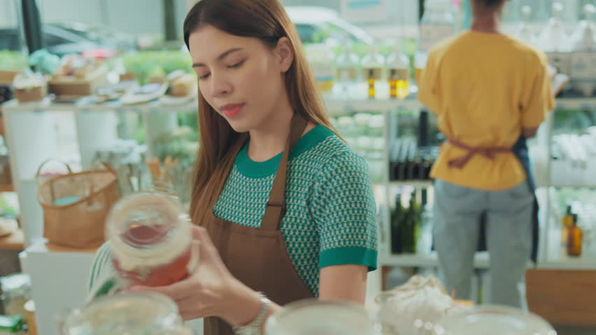 Female owner of zero waste shop doing audit.Person Refilling Containers at a Zero-Waste Store. eco friendly store 