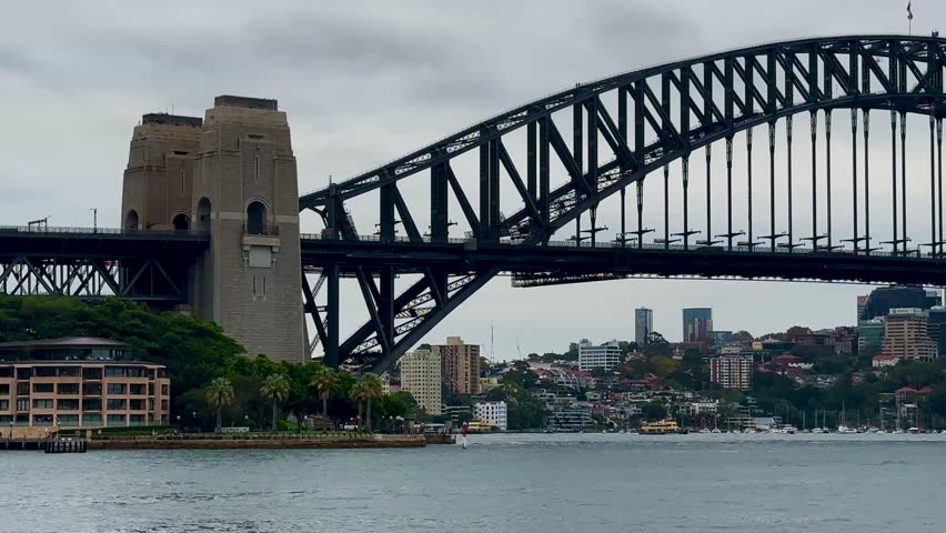 Sydney Harbour Bridge closeup pylon NSW Australia Port Jackson Bay overcast