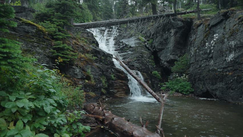 Waterfall flowing gently over rocks in lush forest, St Mary Falls, Montana, USA
