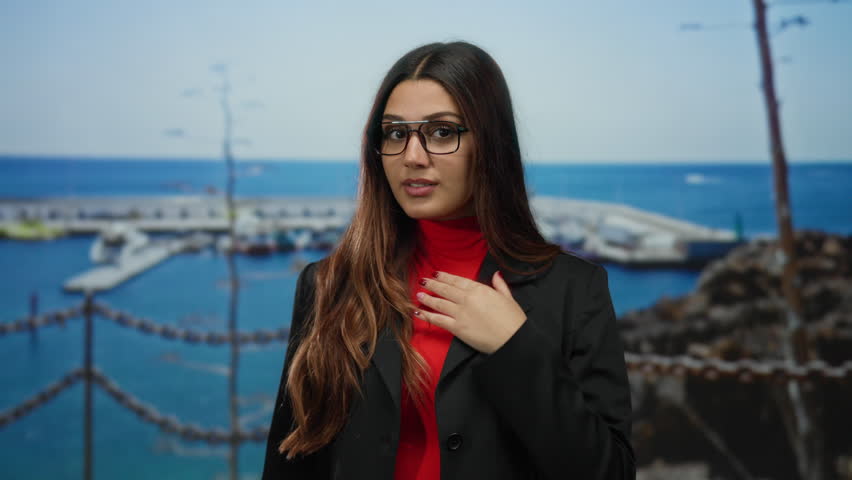 Woman in black jacket with hand on chest stands outdoors at a port with a blurred boat in the background, against a vivid blue sky.