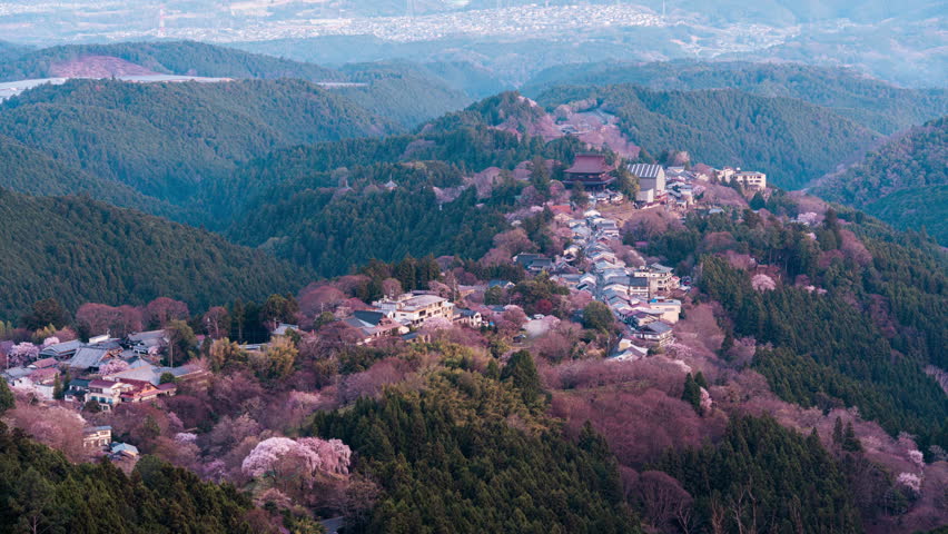 Timelapse viewpoint of Mount Yoshino with traditional village among cherry blossom, sakura tree blooming during springtime at Nara, Japan