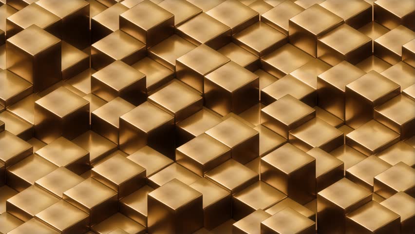 4k Golden Cubes Animation, Randomly Moving Blocks Creating an Irregular Surface with Dynamic Metallic Reflections, Looping 3d render Background
