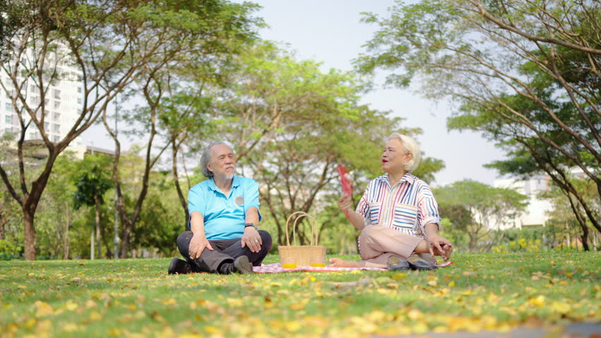 A senior couple of best friends enjoy a delightful picnic under the trees, sipping orange juice and sharing laughter on a sunny day in a vibrant public park, creating lasting memories together.