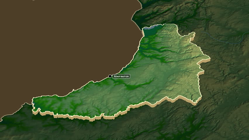 Ceredigion region, Wales - Great Britain, extruded. Physical map