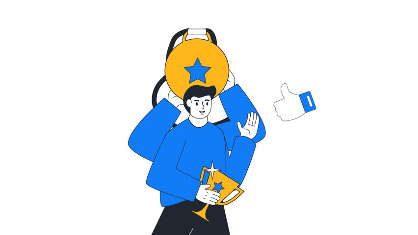 Best rating working performance with medals and trophy 2d animation man best employee of the month with best rating performance illustration isolated business. Alpha Channel or transparent background.